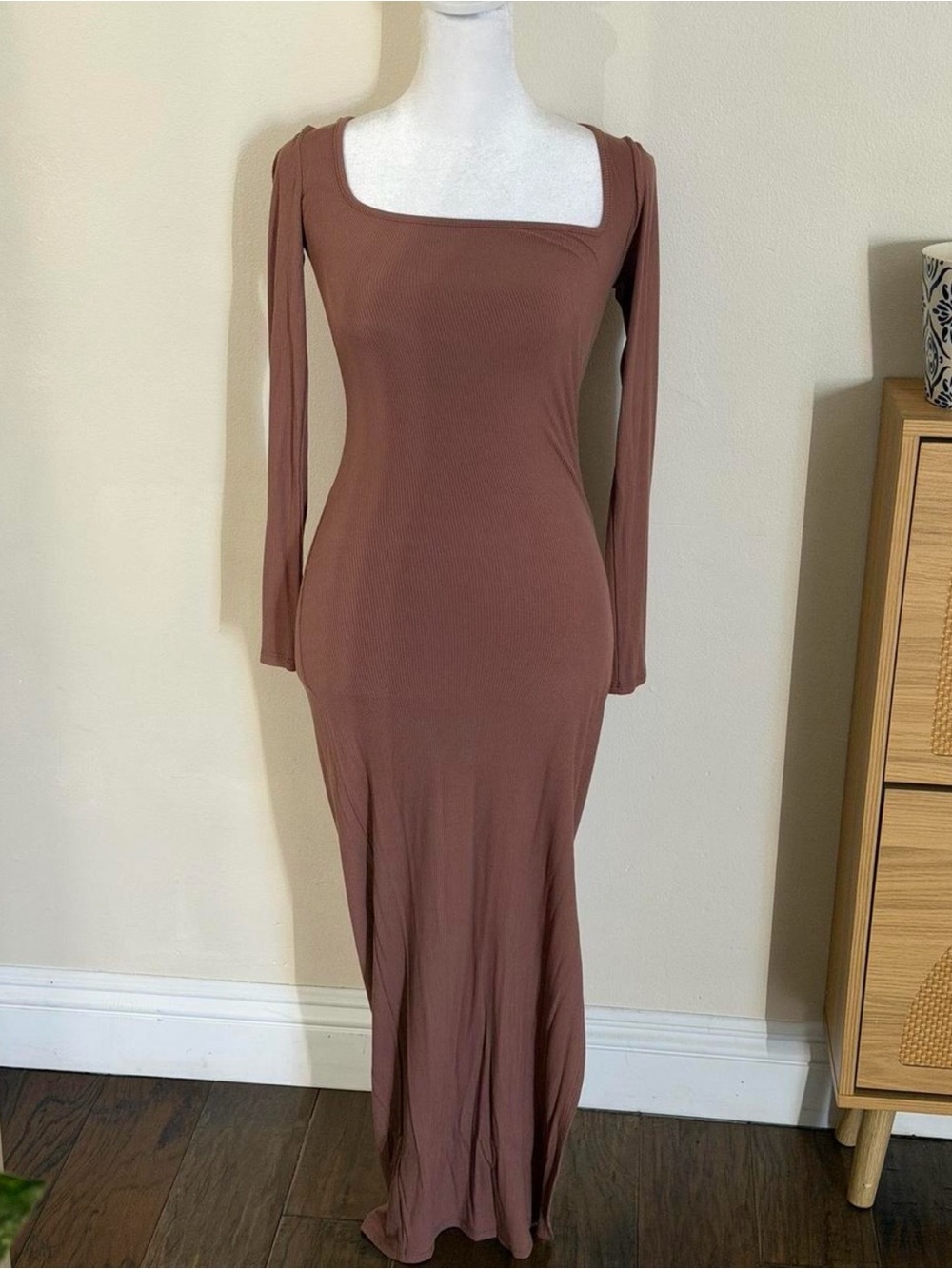 See You Monday Long Sleeve Square Neck Maxi Dress - Mauve Brown